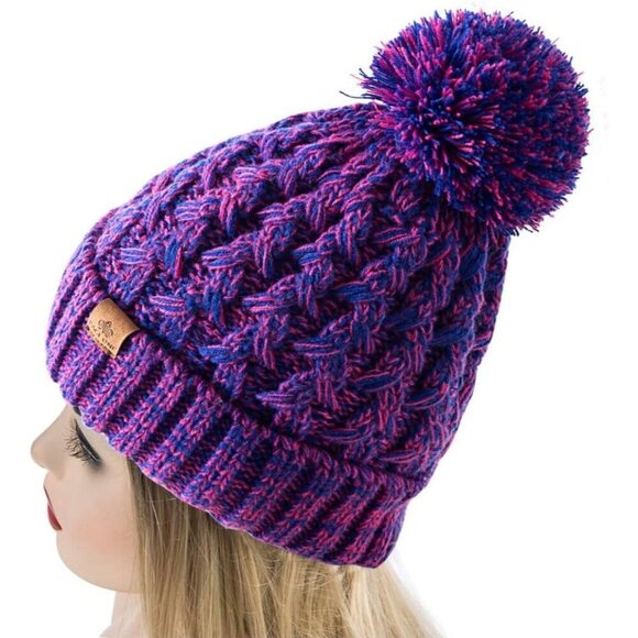 Women’s Dark Rose Winter Ribbed Beanie Hat Chunky Cable Knit Pompom Warm